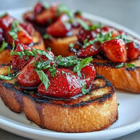 Bright Strawberry Balsamic Bruschetta on perfectly grilled sourdough slices.